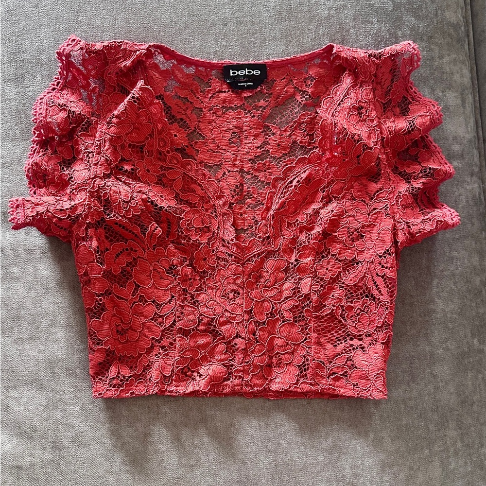 BEBE Terracota Red Orange Lace Crop Top Side Zip Flounce Short Sleeve Size 4